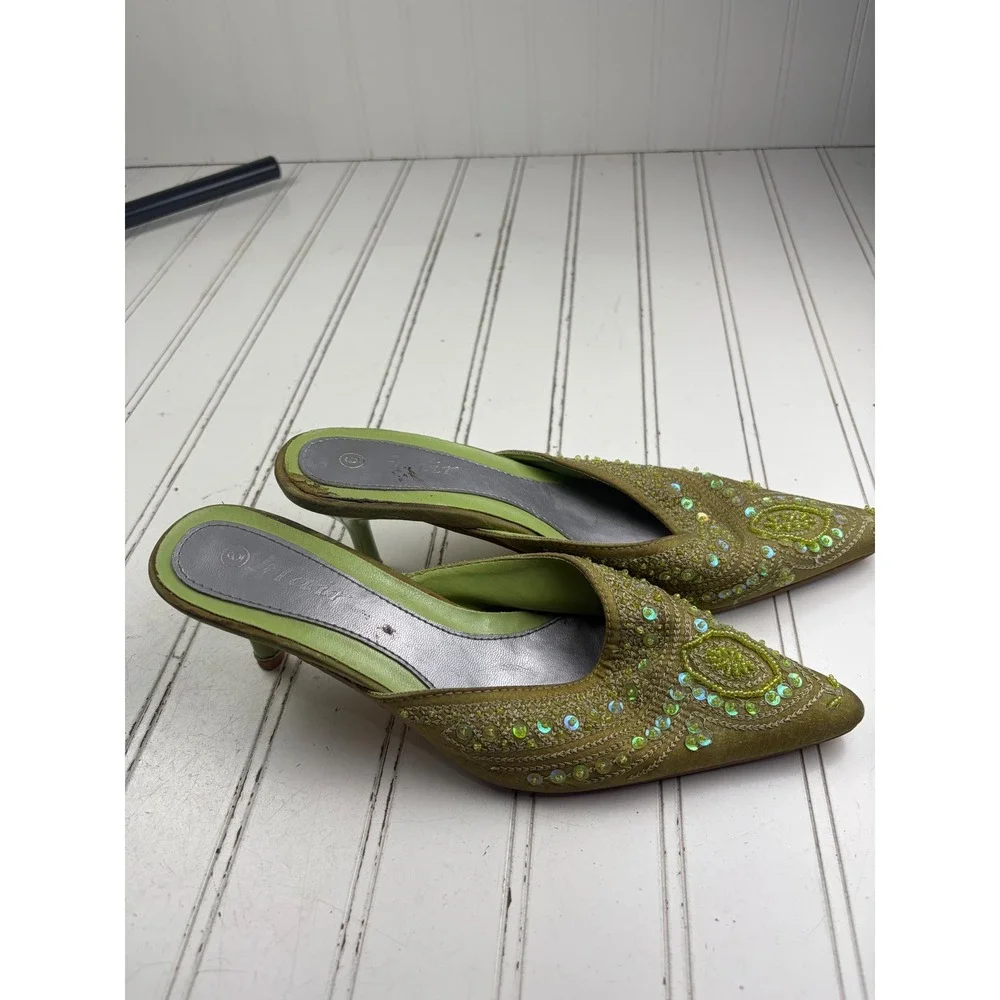 Anne Michelle Vintage Y2K Green Beaded Floral Satin Kitten Heels Women's Size 6